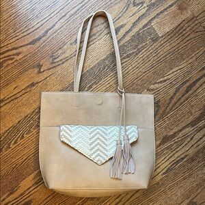 Anthropology Chic Beige Tote Bag with Woven Detailed Clutch